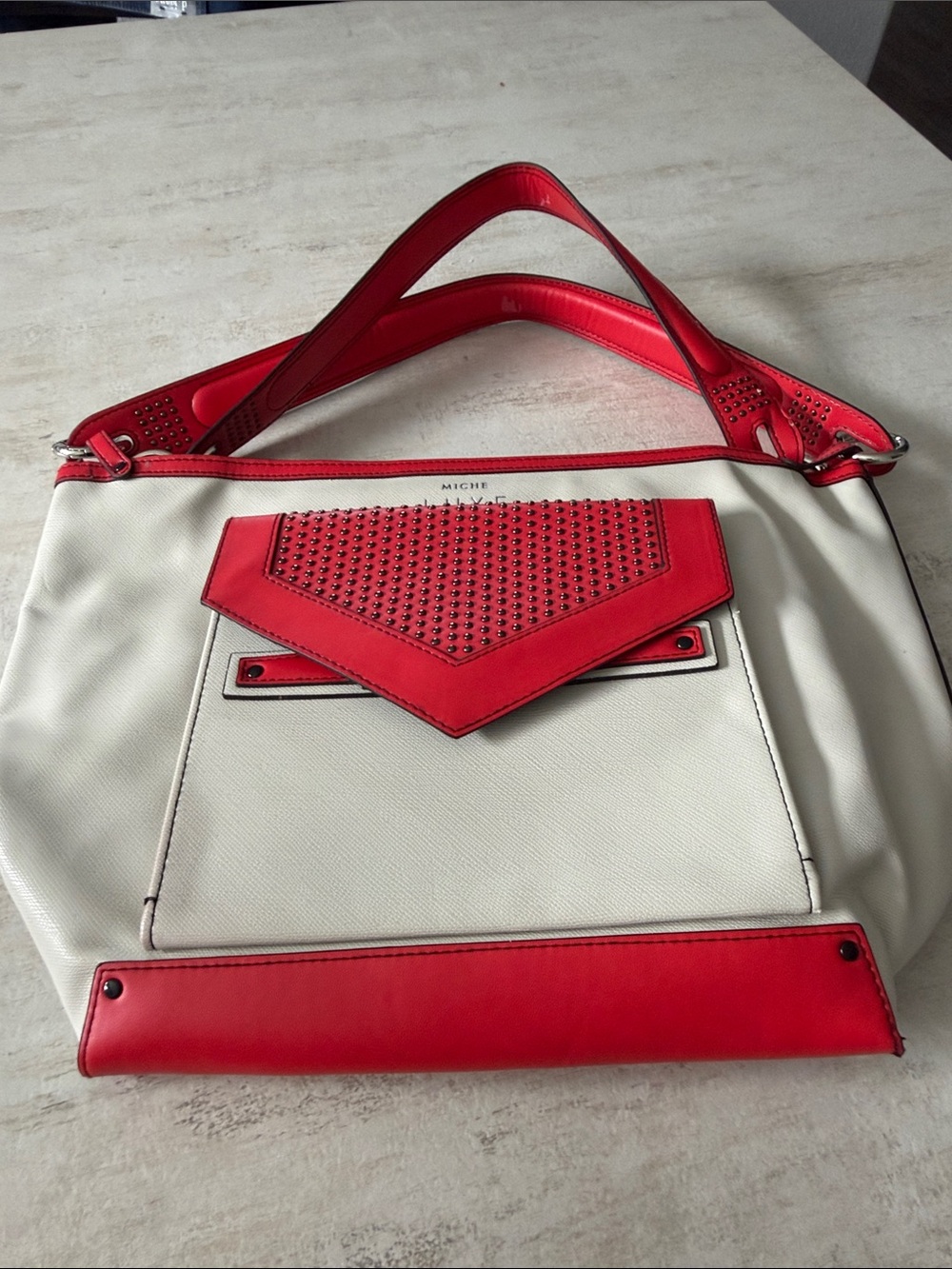 Miche Luxe cream and Red Studded Shoulder Bag